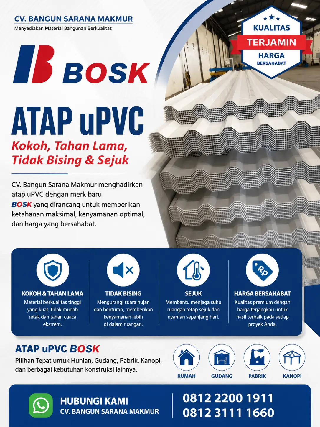 Jual Atap UPVC BOSK Harga Murah Berkualitas untuk Rumah, Gudang & Pabrik Jual Atap UPVC BOSK Harga Murah Berkualitas untuk Rumah, Gudang & Pabrik